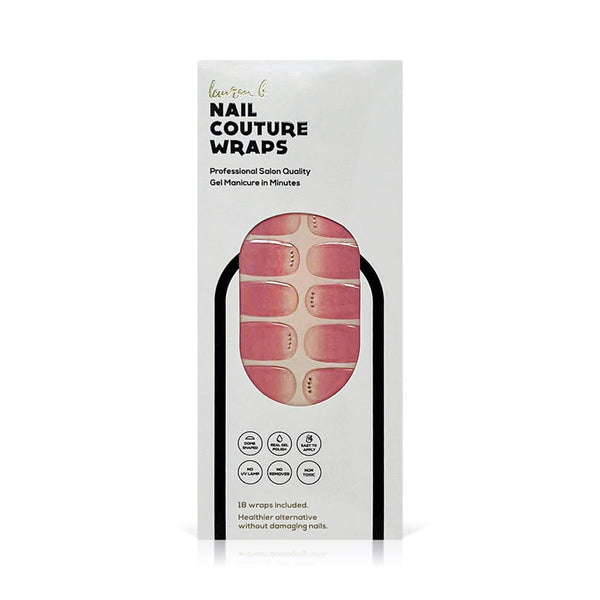 Packaging of Gel Nail Wrap | Lauren B. Beauty showing soft pink gradient nail wraps with subtle embellishments for a professional salon-quality gel manicure alternative.