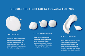 Comparison chart showing three SolRX Sunscreen lotions including SPORT Sunscreen SPF 50 | SolRX Sunscreen, displaying different lotion textures and descriptions for daily, face & body, and mineral formulations for skincare and sun protection.