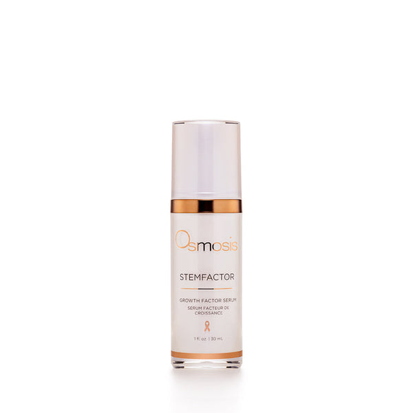 StemFactor Growth Factor Serum | Osmosis in a white pump bottle with rose gold accents, designed for advanced skincare and rejuvenation.