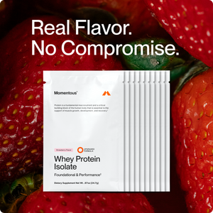Whey Protein Isolate 10-Travel Packs in white sachets displayed over a close-up background of ripe strawberries with text highlighting real flavor and no compromise.