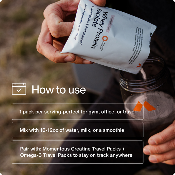 Person pouring Whey Protein Isolate 10-Travel Packs powder into a shaker bottle, with instructions on how to use the product for gym, office, or travel by mixing with water, milk, or smoothie.