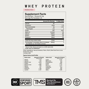 Nutrition label for Whey Protein Isolate with strawberry flavor showing supplement facts, amino acid profile, and certifications including NSF Certified Sport, TMS, GMO free, and gluten free.
