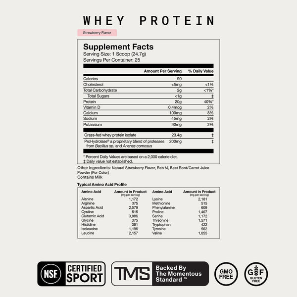 Nutrition label for Whey Protein Isolate with strawberry flavor showing supplement facts, amino acid profile, and certifications including NSF Certified Sport, TMS, GMO free, and gluten free.
