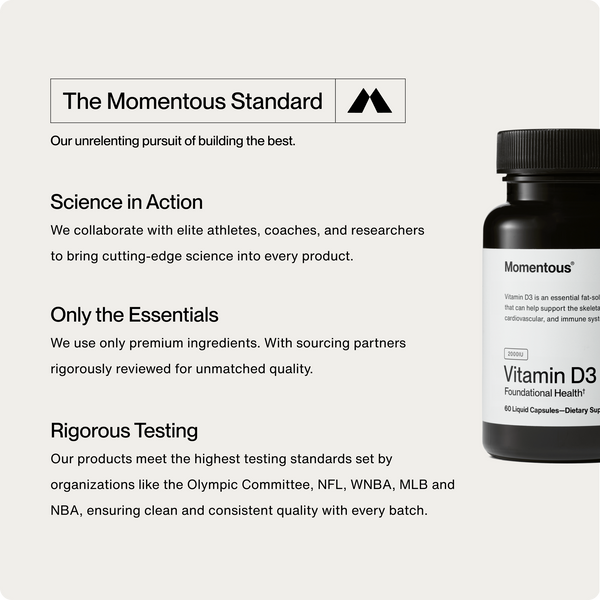 Close-up of a Vitamin D3 2000 IU supplement bottle alongside text highlighting Momentous' commitment to premium ingredients, elite athlete collaboration, and rigorous testing standards for wellness supplements.