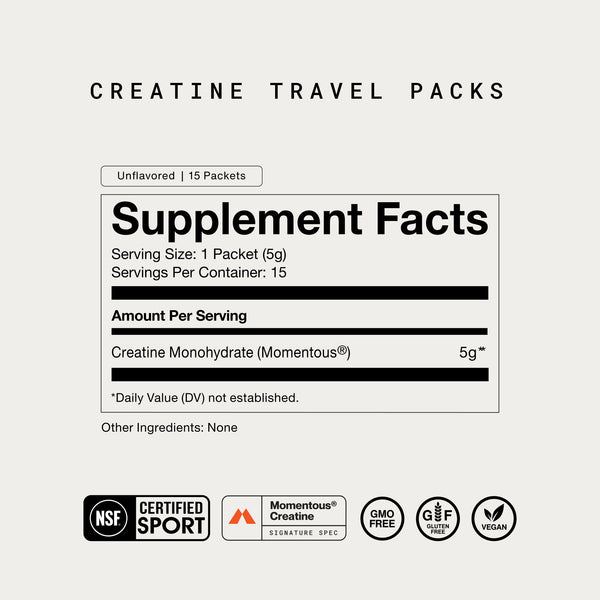 Supplement facts label for Creatine 15-Travel Packs showing unflavored creatine monohydrate with 15 packets per container, featuring certifications for GMO free, gluten free, vegan, and certified sport compliance.