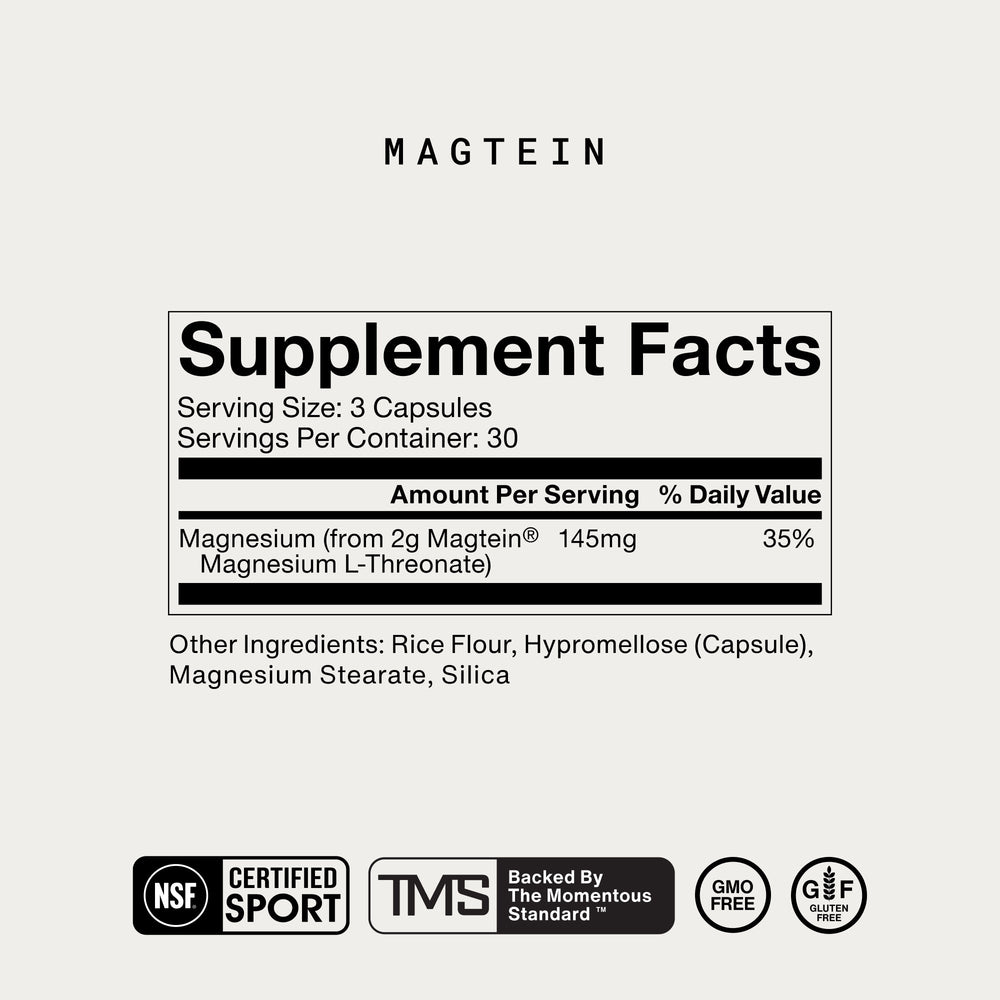 Four black supplement bottles labeled Momentous including Magtein, Apigenin, and L-Theanine arranged in a row promoting Nightly Sleep Stack for sleep and cognitive support.