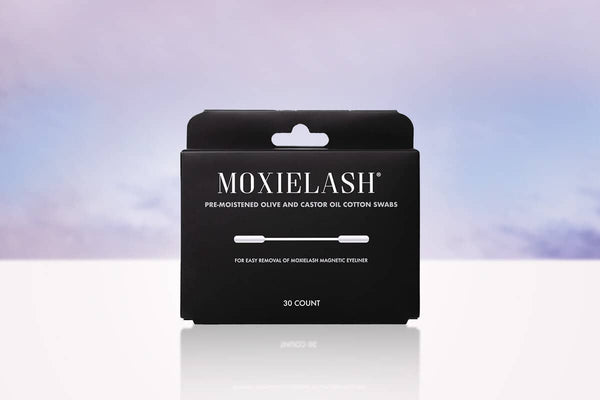 Black box packaging of Magnetic Eyeliner Swabbies | Moxielash with pre-moistened olive and castor oil cotton swabs for easy removal of magnetic eyeliner, displayed on a soft gradient background