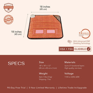 PEMF Far Infrared Heating Mats | HealthyLine in orange with labeled dimensions of 18 by 18 inches, showing product specs including size, weight, materials, voltage, and warranty details for wellness use.