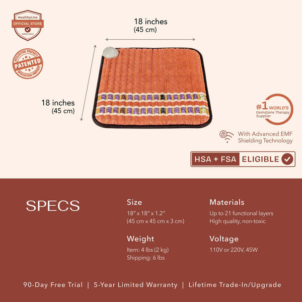 Square-shaped orange PEMF Far Infrared Heating Mats | HealthyLine with decorative pattern, showing dimensions, weight, voltage, materials, and key product features for wellness use.