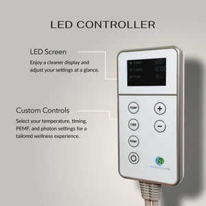 Close-up of a white LED controller with buttons for temperature, time, PEMF, and power settings for PEMF Far Infrared Heating Mats | HealthyLine, showing a digital display for wellness device control.