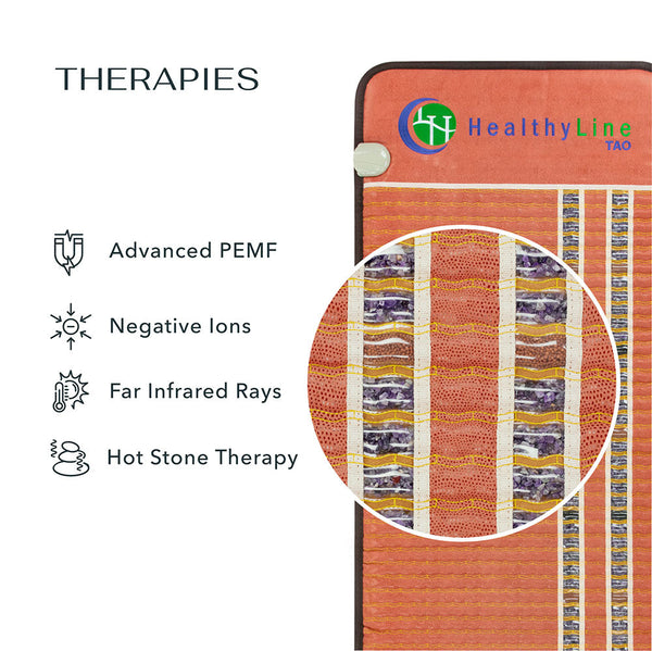 Close-up of a PEMF Far Infrared Heating Mats | HealthyLine mat highlighting its advanced PEMF, negative ions, far infrared rays, and hot stone therapy features for wellness and recovery.