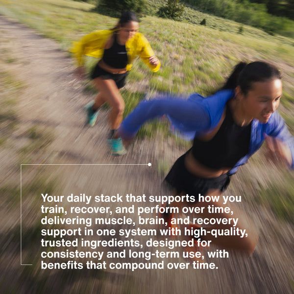 Two women running briskly outdoors on a trail, illustrating active wellness and recovery benefits of The Momentous Three supplement for muscle, brain, and performance support.
