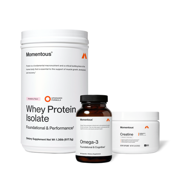 The Momentous Three set featuring strawberry flavored whey protein isolate, Omega-3 dietary supplement, and creatine for muscle recovery and wellness support.