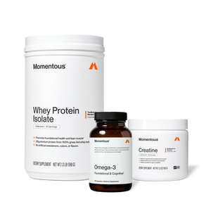 The Momentous Three supplement set featuring whey protein isolate, omega-3 capsules, and creatine powder for wellness, muscle health, and cognitive support.