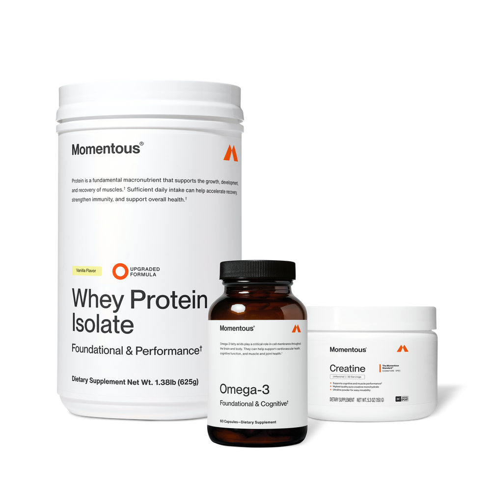 The Momentous Three wellness supplements set with chocolate-flavored whey protein isolate, omega-3 capsules, and creatine powder for fitness recovery and cognitive support.