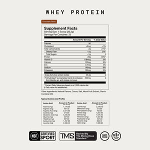 Supplement facts label for Whey Protein Isolate in chocolate flavor, showing nutritional information, serving size, ingredients, and amino acid profile with certifications including NSF and GMO-free.