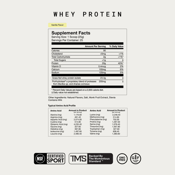 Supplement facts label for Whey Protein Isolate in vanilla flavor displaying nutritional information, ingredient list, and amino acid profile with certification logos at the bottom.