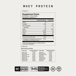 Supplement facts label for Whey Protein Isolate showing nutritional values per serving including 20g protein, 90 calories, low carbohydrates, and added enzymes from probiotics.