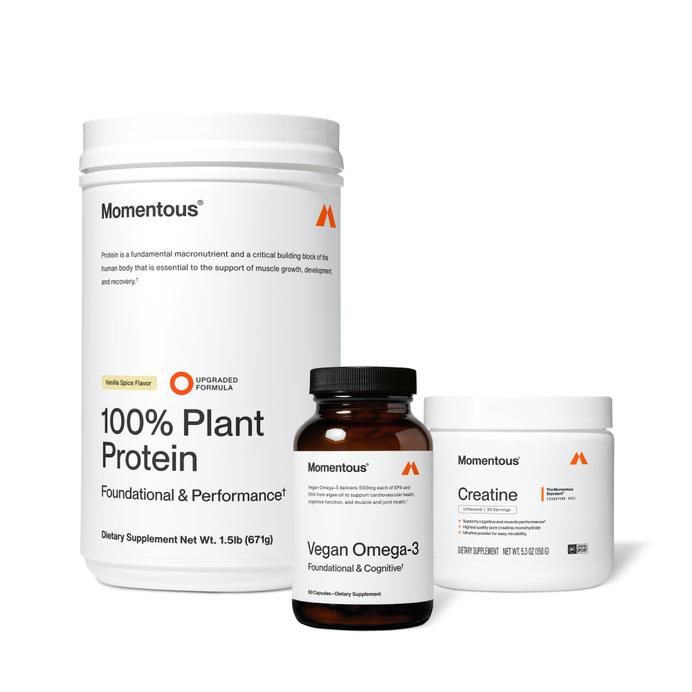 A set of three wellness supplements including a large container of 100% plant protein powder, a bottle of vegan omega-3 capsules, and a jar of creatine labeled The Momentous Three - Vegan for muscle support and recovery.