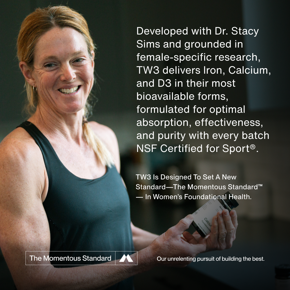 Three Momentous dietary supplement bottles featuring Iron+, Calcium, and Vitamin D3, presented as part of The Women’s Three™ wellness supplement collection.