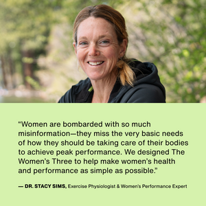 Portrait of a smiling woman outdoors alongside a quote about women’s health and performance featuring The Women’s Three™ from an exercise physiologist and women’s performance expert.