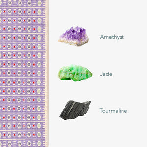 TAJ-Mat™ Full 7224 Firm - Photon PEMF InfraMat Pro® | HealthyLine showing purple amethyst, green jade, and black tourmaline crystals next to the patterned wellness mat edge.