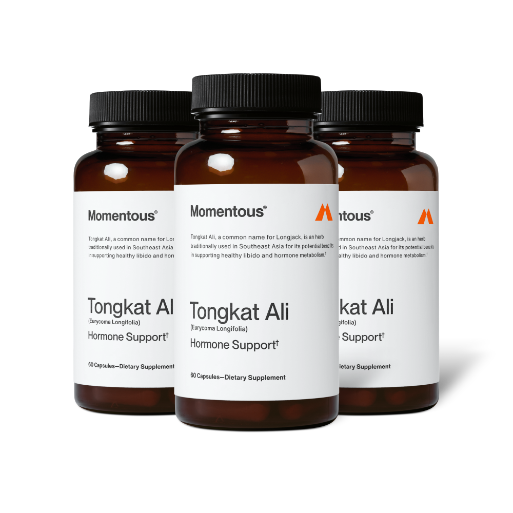Brown bottle of Tongkat Ali dietary supplement capsules labeled for hormone support and wellness, featuring a minimalist white and black design.