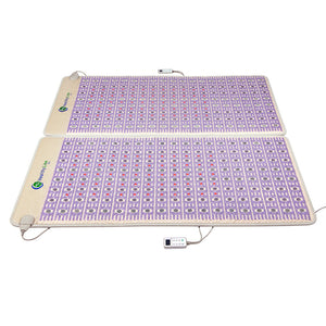 TAJ-Mat™ King 8076 Firm - Photon PEMF Split Inframat Pro® | HealthyLine wellness device featuring dual purple therapy mats with embedded lights and remote controls for therapeutic body care and recovery.