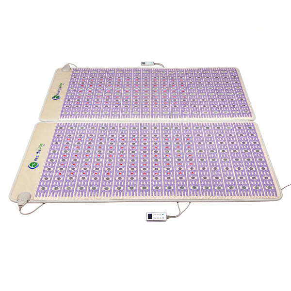 TAJ-Mat™ King 8076 Firm - Photon PEMF Split Inframat Pro® | HealthyLine wellness device featuring dual purple therapy mats with embedded lights and remote controls for therapeutic body care and recovery.