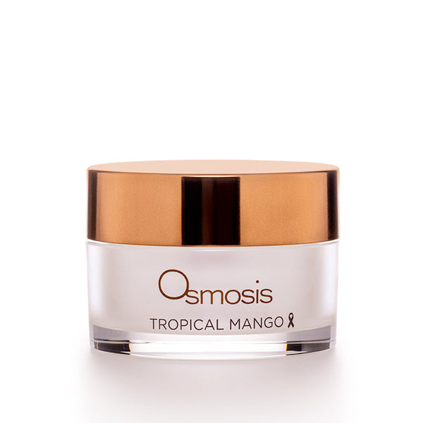 Jar of Tropical Mango Barrier Repair Mask | Osmosis with a sleek white container and metallic copper lid, designed for skincare and restoring skin barrier health.