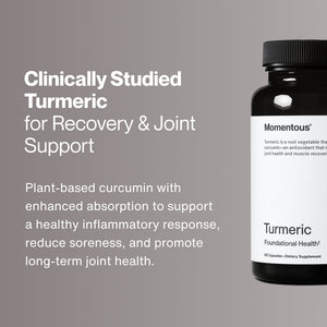 Bottle of Turmeric dietary supplement next to text highlighting clinically studied turmeric for recovery and joint support with plant-based curcumin promoting healthy inflammatory response and joint health