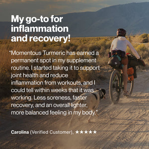 Person riding a loaded bicycle on a dirt trail with a dog running alongside, featuring a customer testimonial about Turmeric supporting inflammation relief and recovery.
