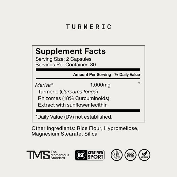 Supplement facts for Turmeric showing 1000mg of turmeric rhizomes extract with sunflower lecithin per two capsules, highlighting wellness supplement features and certifications.