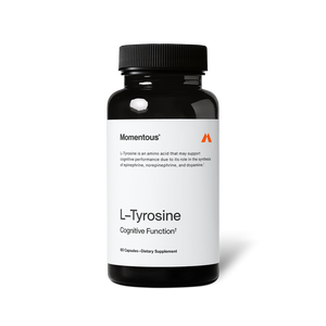 Bottle of Tyrosine dietary supplement capsules by Momentous, designed to support cognitive function and brain health.