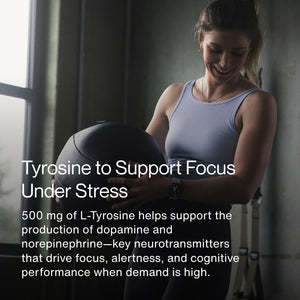 A smiling woman in workout attire holding a medicine ball with text describing Tyrosine as supporting focus under stress by aiding dopamine and norepinephrine production for cognitive performance.
