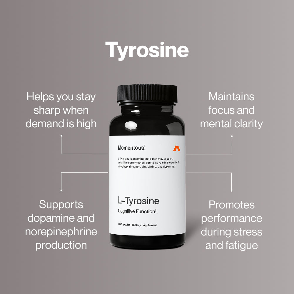 Bottle of Tyrosine dietary supplement capsules by Momentous, designed to support cognitive function and brain health.