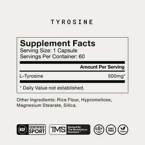 Supplement facts for Tyrosine showing 500mg of L-Tyrosine per capsule, 60 servings per container, with additional ingredients of rice flour, hypromellose, magnesium stearate, and silica, plus certification icons.