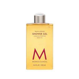 Clear rectangular bottle of Shower Gel | Moroccanoil with golden liquid and silver cap, featuring hydration and argan oil for skincare and body care.