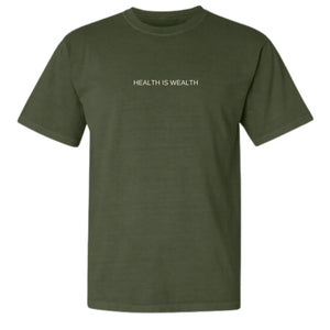 Unisex Health Is Wealth T-Shirt - Private Label | Lucky Owl in dark olive green with short sleeves and centered Health Is Wealth text on the front
