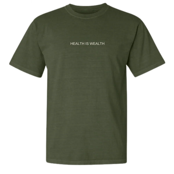 Unisex Health Is Wealth T-Shirt - Private Label | Lucky Owl in dark olive green with short sleeves and centered Health Is Wealth text on the front