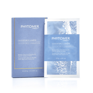 Oligoforce Lumination Targeted Dark Spot and Wrinkle Sheet Mask With Vitamin B3 - 4 Mask Set| Phytomer packaging and single sheet mask in soothing blue tone, promoting skincare and wellness.