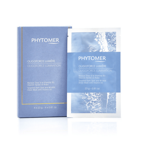Oligoforce Lumination Targeted Dark Spot and Wrinkle Sheet Mask With Vitamin B3 - 4 Mask Set| Phytomer packaging and single sheet mask in soothing blue tone, promoting skincare and wellness.