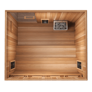 Top-down view of the interior of the Trinity XL Sauna - 4 Person | Western Sol showing wooden benches, heater with sauna stones, and warm wood paneling for ultimate wellness and body care relaxation.