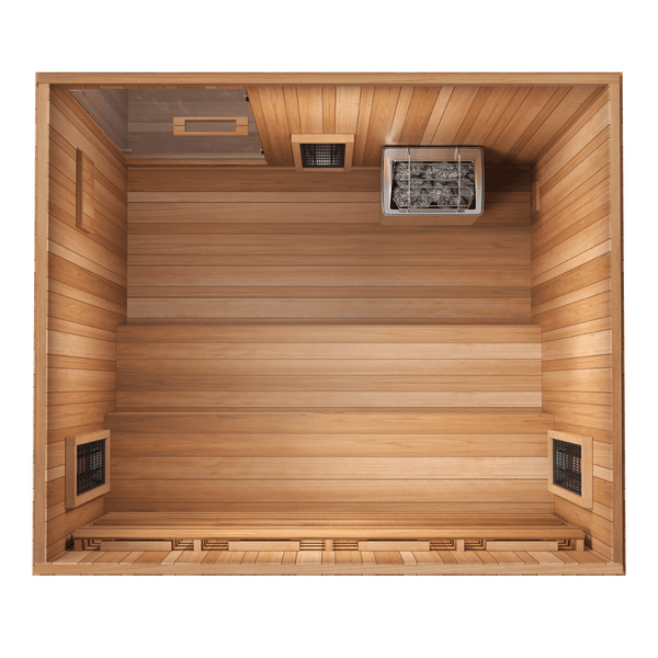 Top-down view of the interior of the Trinity XL Sauna - 4 Person | Western Sol showing wooden benches, heater with sauna stones, and warm wood paneling for ultimate wellness and body care relaxation.