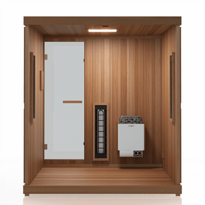 Interior view of a wooden sauna with glass door and heater, designed for four people, showcasing the Trinity XL Sauna - 4 Person | Western Sol model for wellness and body care.