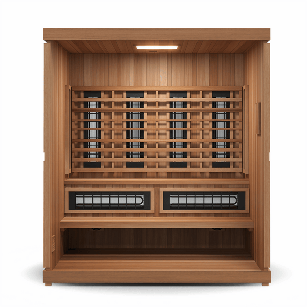 Interior view of the wooden Trinity XL Sauna - 4 Person | Western Sol, featuring a spacious bench, protective wooden backrest panels, and built-in infrared heaters for wellness and recovery.
