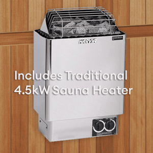 Traditional 4.5kW sauna heater made by Harvia, mounted on wooden paneling, part of the Trinity XL Sauna - 4 Person | Western Sol for enhanced wellness and recovery.
