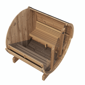 E7G Barrel Sauna - 4-6 Person | Western Sol wooden barrel sauna with glass door, interior benches, and natural wood finish designed for home wellness and relaxation.