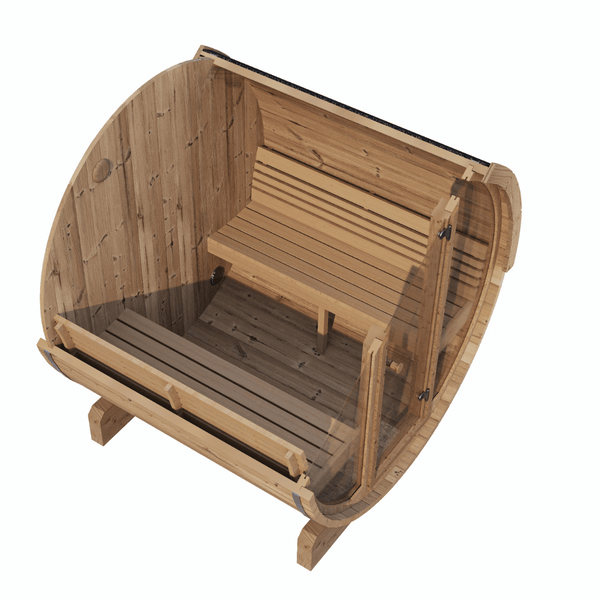 E7G Barrel Sauna - 4-6 Person | Western Sol wooden barrel sauna with glass door, interior benches, and natural wood finish designed for home wellness and relaxation.