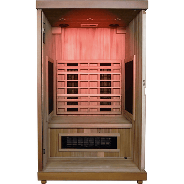 FD2 Sauna - 2 Person | Western Sol featuring a compact wooden infrared sauna with red heating panels designed for wellness and relaxation.